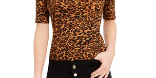 Guess Women's Elbow Sleeve Animal Print Top Brown Size Petite X-Small