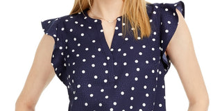 Maison Jules Women's Dot Print Split Neck Top Blue Size X-Small