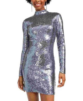 B Darlin Women's Silver Sequined Cut Out Long Sleeve Mock Short Body Con Cocktail Dress Charcoal Size 7\8