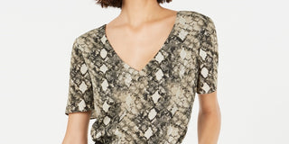 Leyden Women's Beige Animal Print Short Sleeve V Neck T-Shirt Top Natural Size Medium