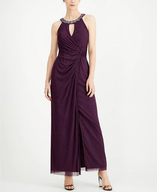 Jessica Howard Women's Burgundy Slitted Sequined Sleeveless Halter Full-Length Fit + Flare Formal Dress Red Size 10