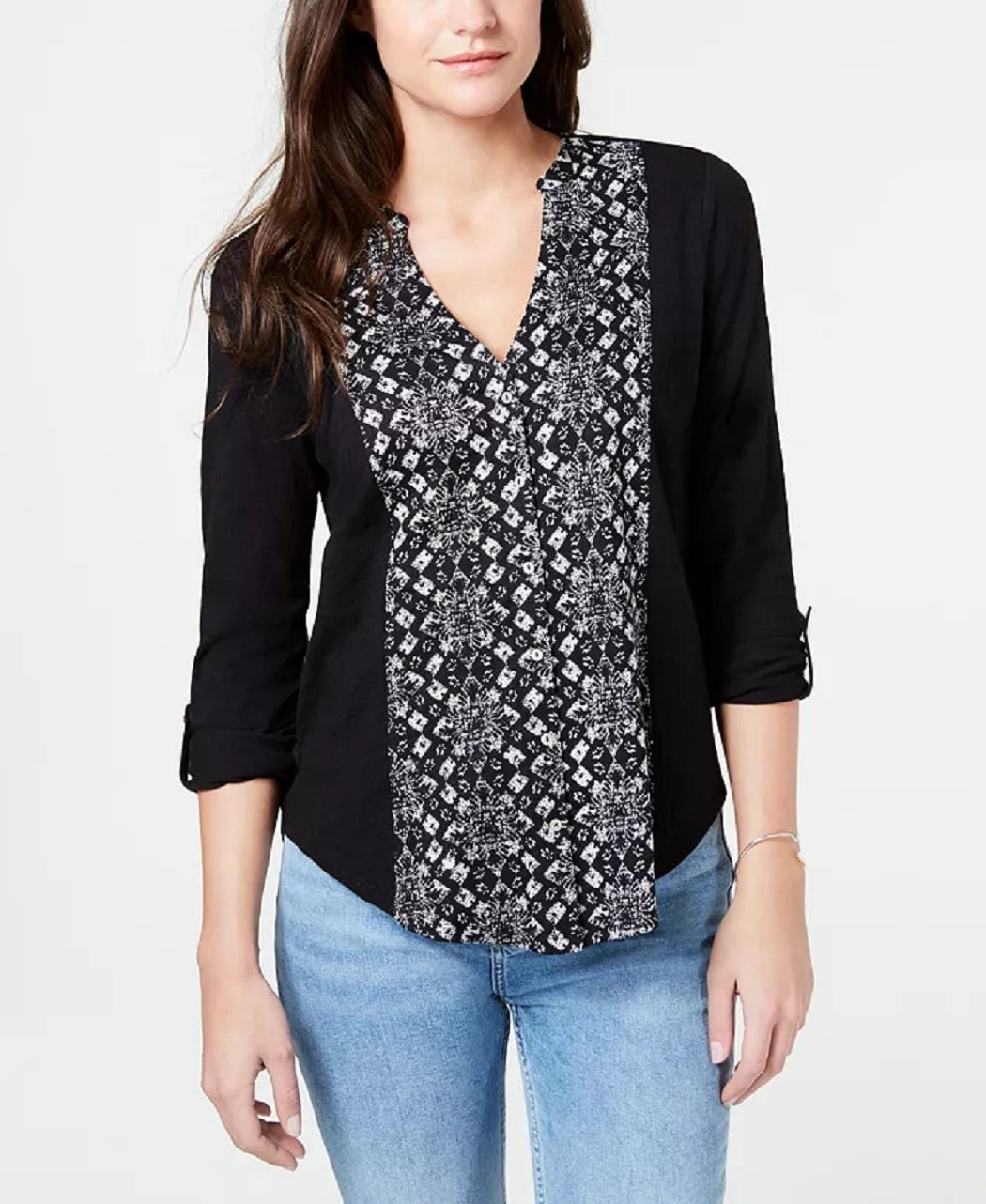 Lucky Brand Women's Printed 3/4 Sleeve V Neck Top Black Size X-Small –  Steals
