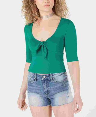 GUESS Women's Tie Short Sleeve Scoop Neck Top Green Size Large