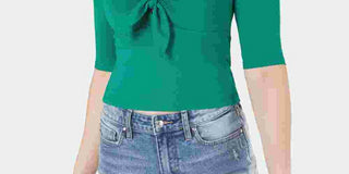 GUESS Women's Tie Short Sleeve Scoop Neck Top Green Size Large