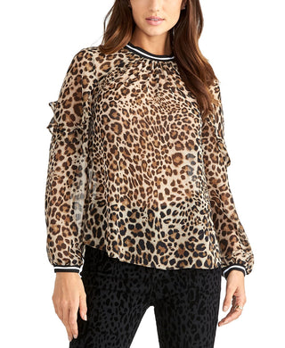 Rachel Roy Women's Sheer Leopard-Print Top Beige Size 12