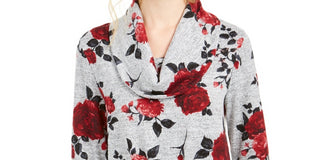 BCX Junior's Floral Print Cowlneck Sweater Grey Size X-Large