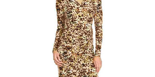 Thalia Sodi Women's Embellished Animal Print Long Sleeve Keyhole Short Wrap Dress Evening Dress Brown Size X-Large