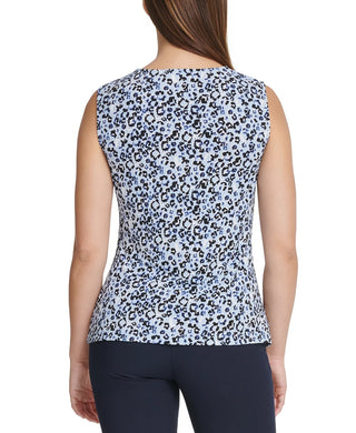 DKNY Women's Floral-Print Side-Knot Top Blue Size X-Small