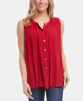 Karen Kane Women's Ruched Sleeveless Button-Down Top Red Size Small