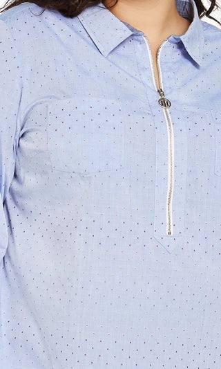 Tommy Hilfiger Women's Plus Size Polka Dot Zip Front Cotton Shirt Blue Size 0X