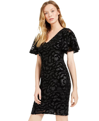 Calvin Klein Women's Sequined Zippered Short Sleeve V Neck Knee Length Body Con Evening Dress Black Size 2