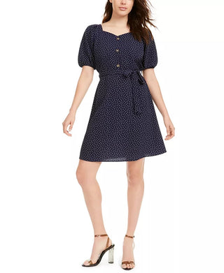 Monteau Women's Petite Printed Puff-Sleeve Dress Blue Size Petite X-Large