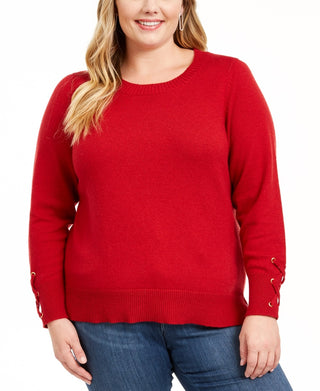 Michael Kors Women's Plus Lace Up Sleeves Ribbed Trim Sweater Red Size0X