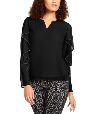 Thalia Sodi Women's  Embellished Ruffle-Sleeve Top Black Size X-Small