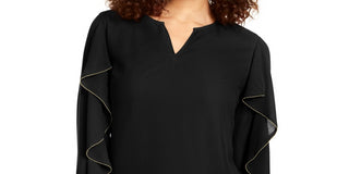 Thalia Sodi Women's  Embellished Ruffle-Sleeve Top Black Size X-Small
