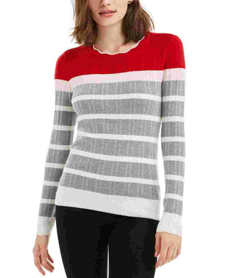 Maison Jules Women's Red Striped Long Sleeve Jewel Neck Sweater Red Size Large