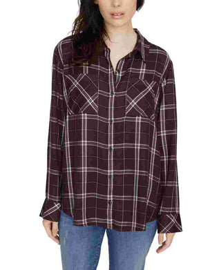 Sanctuary Women's Maroon Plaid Long Sleeve Collared Button Up Top Black Size Medium
