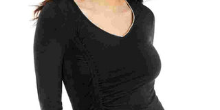 Thalia Sodi Women's Tie Ruffled Solid Long Sleeve V Neck Blouse Evening Top Black Size X-Small