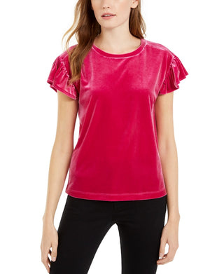 Maison Jules Women's Velvet Flutter Sleeve T-Shirt Pink Size X-Small