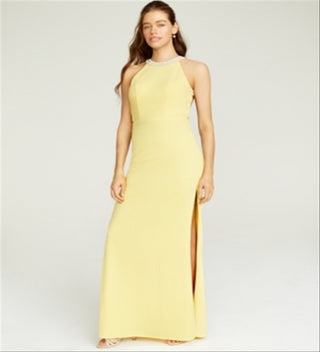 Speechless Women's Slitted Cage Back Sleeveless Jewel Neck Full Length Evening Sheath Dress Yellow Size 1
