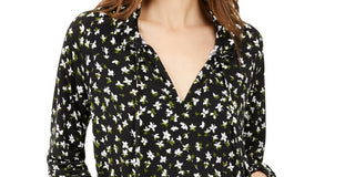 Michael Kors Women's Floral-Print Shirred Tie-Neck Top Green Size Small