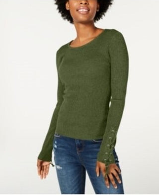 Hooked Up By IOT Juniors' Lace Up Rib Knit Sweater Green Size X-Large