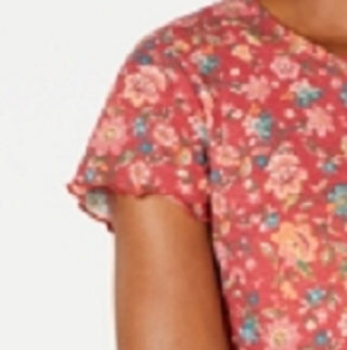 Self Esteem Women's Burgundy Floral Short Sleeve Crew Neck T-Shirt Top Red Size Medium