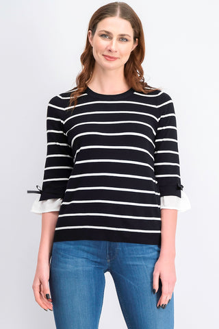 Maison Jules Women's Striped Bow-Trim Sweater Black Size Small