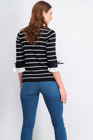 Maison Jules Women's Striped Bow-Trim Sweater Black Size Small