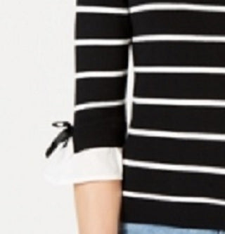 Maison Jules Women's Black Tie Striped 3/4 Sleeve Jewel Neck T-Shirt Sweater Black Size X-Small
