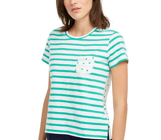 Maison Jules Women's Striped T-Shirt Dark Green Size Large