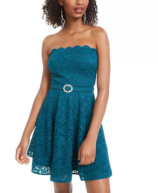 City Studios Junior's Strapless Lace A Line Dress Turq/Aqua Size 1