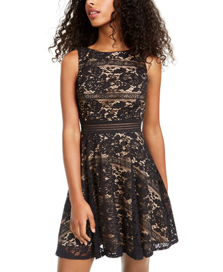 City Studios Juniors' Allover Lace Floral Jewel Neck Party Dress Black Size 11