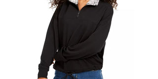 Hippie Rose Juniors' Sherpa Lined Quarter-Zip Sweatshirt Black Size Small