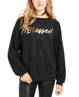 Pretty Rebellious Juniors' Metallic Blessed Graphic Sweatshirt Black Size Small