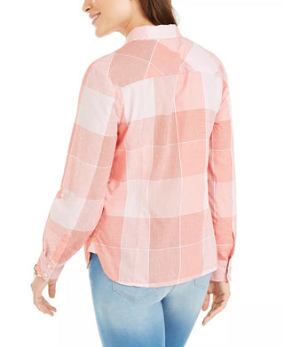 Tommy Hilfiger Women's Cotton Plaid Button Down Top Orange Size X-Small
