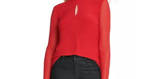 DKNY Women's Sheer-Sleeve Keyhole Top Red Size X-Large