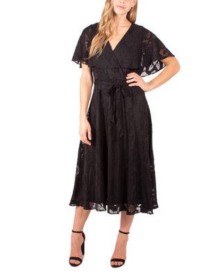 NY Collection Women's Petite Burnout Cape-Sleeve Fit & Flare Dress Black Size Medium