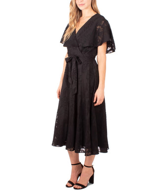 NY Collection Women's Petite Burnout Cape-Sleeve Fit & Flare Dress Black Size Medium