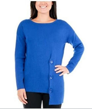 NY Collection Women's Asymmetrical Button Hem Sweater Blue Size Petite Medium