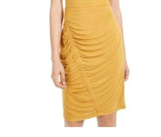 Ultra Flirt Junior's Ruched Short Sleeve Jewel Neck Short Sheath Dress Yellow Size Small