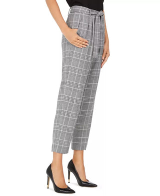 Calvin Klein Women's Plaid Tie-Waist Pants Silver Size 10