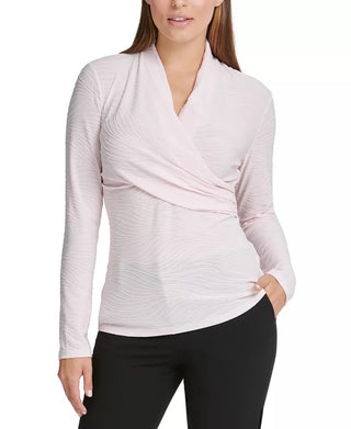 DKNY Women's Textured Surplice Neck Top Pink Size Large