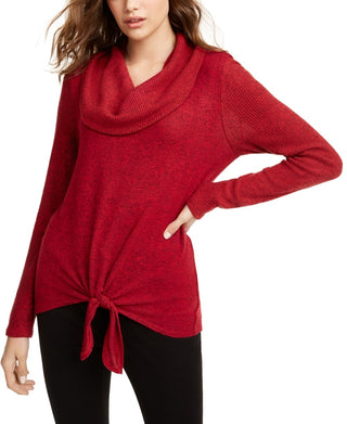 BCX Junior's Textured Tie Front Cowlneck Sweater Red Size Medium