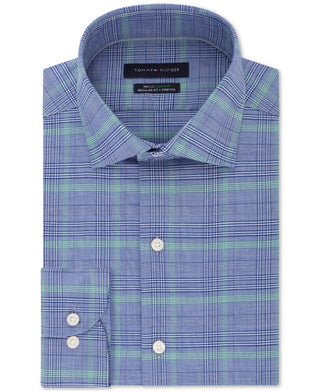 Tommy Hilfiger Men's Classic/Regular Fit Non-Iron Stretch Blue Check Dress Shirt Navy Size 32-33