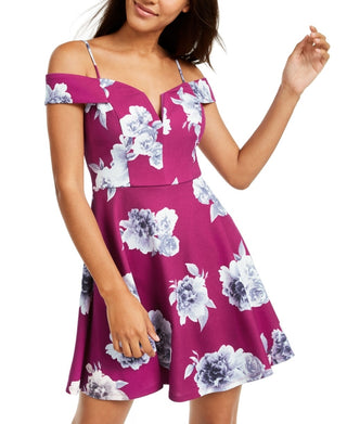 City Studios Junior's Off The Shoulder Floral Print Dress Purple Size 13