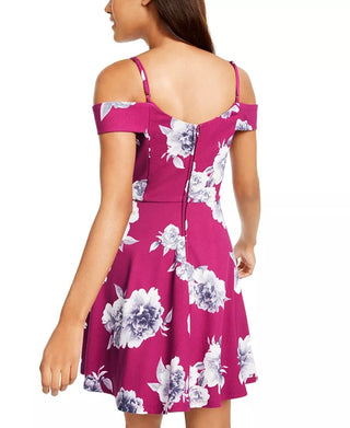 City Studios Juniors' Off-The-Shoulder Floral-Print Dress Wine Size 0