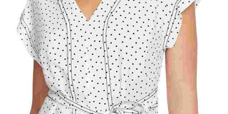 1.STATE Women's Short Sleeve Vintage Scatter Dot Tie Waist Blouse Soft Ecru Natural Size X-Small