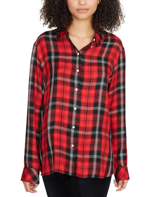 Sanctuary Women's Life Of The Party Plaid Boyfriend Shirt Bright Red Size Small