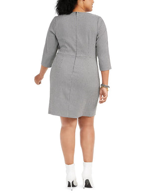 Betsey Johnson Women's Ruffled Houndstooth 3/4 Sleeve V Neck Above The Knee Sheath Wear To Work Dress Grey Size 18W